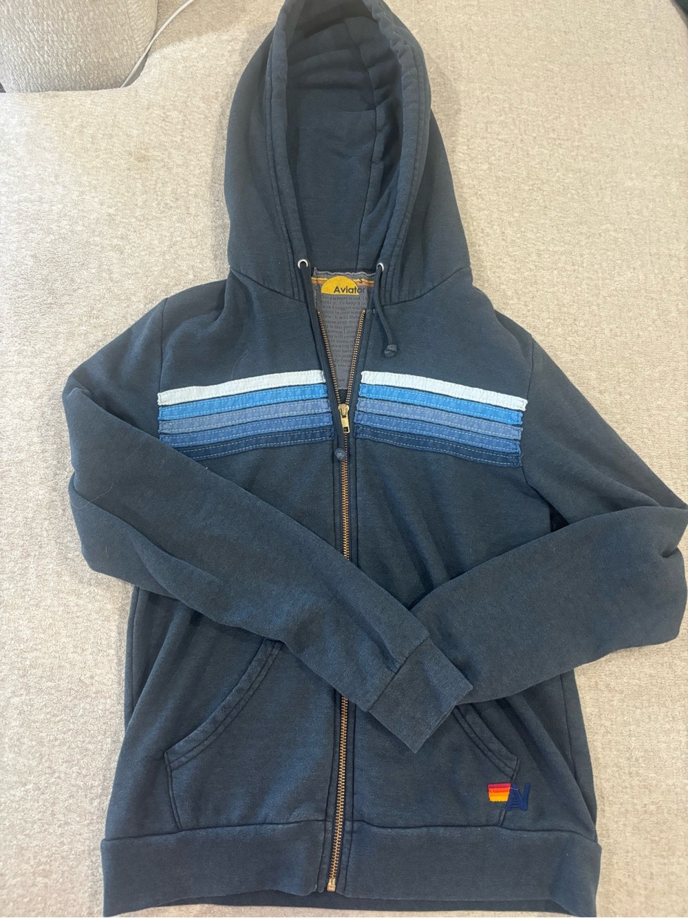 Aviator Nation Navy Zip Hoodie with Light and Medium Blue Stripes